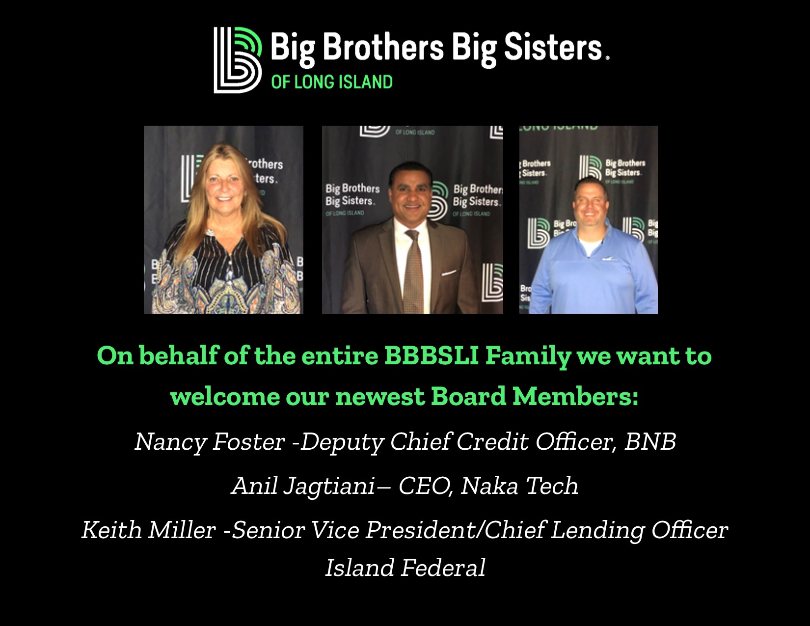 BBBSLI Welcomes Nancy Foster, Anil Jagtiani & Keith Miller to the Board of Directors